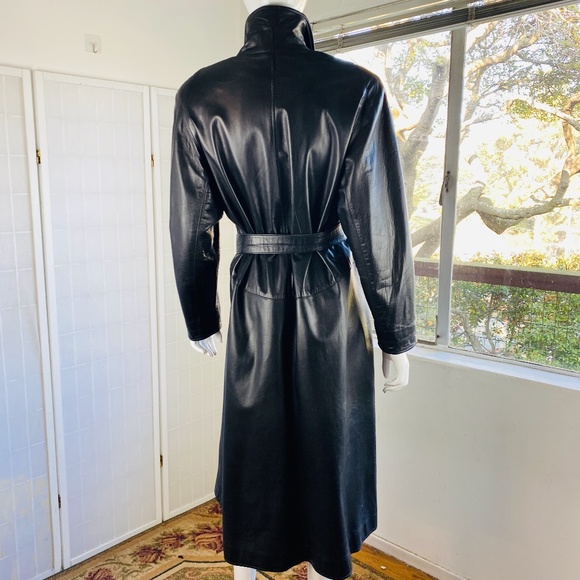 Vintage BERGDORF GOODMAN Womens Black Leather Trench Coat w/Belt - Picture 3 of 5